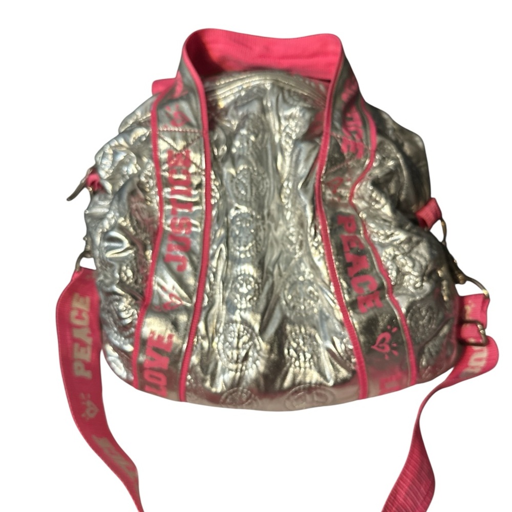 Justice silver quilted and Pink Bag with peace signs and gas crossbody strap new